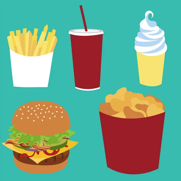 Franse frietjes, soda cokes, ijs, cheeseburger, nuggets emmer fastfood. — Stockvector