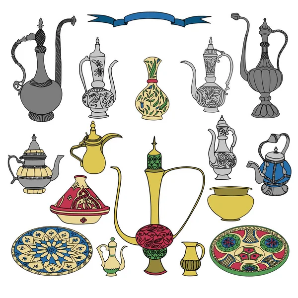 Arapça süs çanak çömlek çaydanlıklar, sürahi, testi ile renkli vektör kümesi. — Stok Vektör