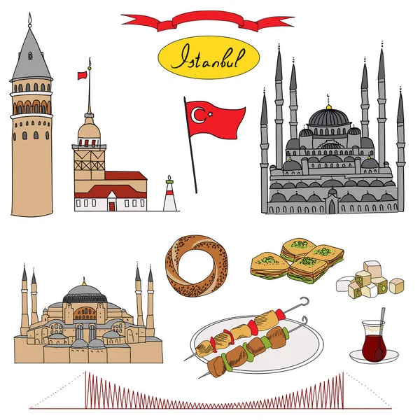 Colorido conjunto de vectores de objetos aislados turísticos de Estambul — Vector de stock