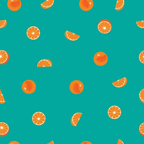 Orange with peel and orange silce seamless vector pattern on teal background. — Stock Vector