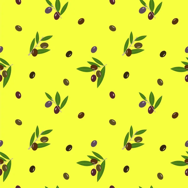 Seamless vector pattern with olives on yellow background. — Stock Vector