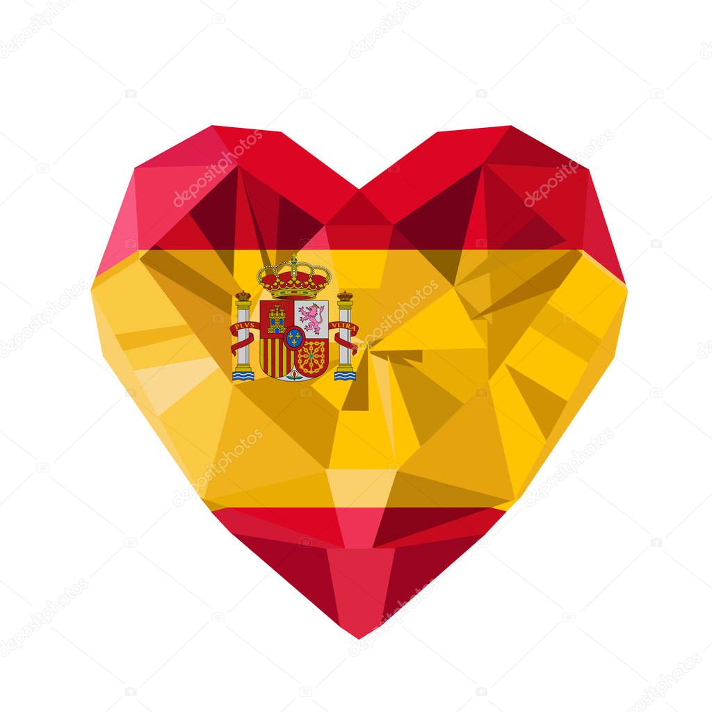 Vector crystal gem jewelry Spanish heart with the flag of the Kingdom of Spain. Flat style logo symbol of love Spain. Fiesta Nacional de Espana. October 12. Constitution Day. Europe