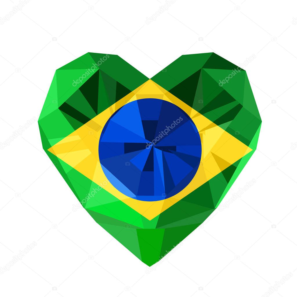 Vector crystal gem jewelry Brazilian heart with the flag of the Federative Republic of Brazil. Flat style logo symbol of love Brazil. Rio de Janeiro. Independence of Brazil 7 September