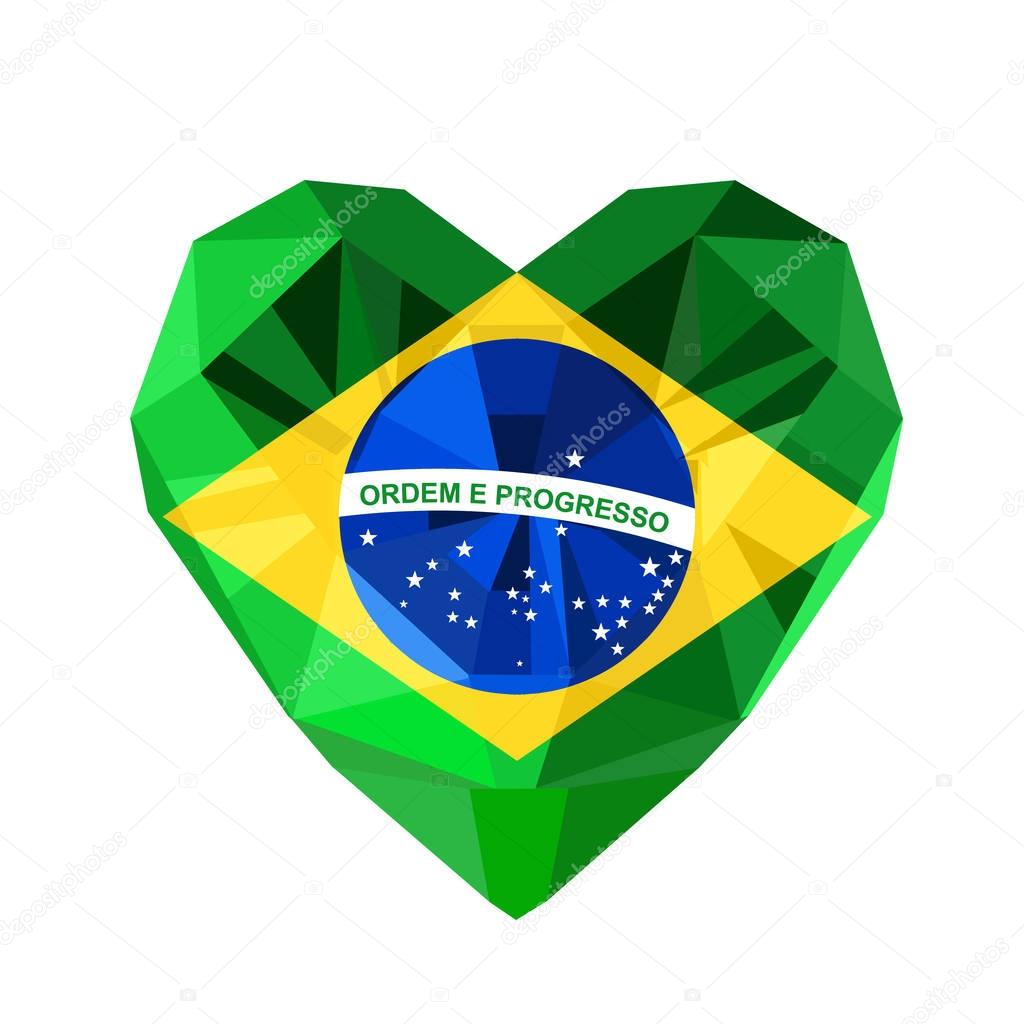 Vector crystal gem jewelry Brazilian heart with the flag of the Federative Republic of Brazil. Flat style logo symbol of love Brazil. Rio de Janeiro. Independence of Brazil 7 September