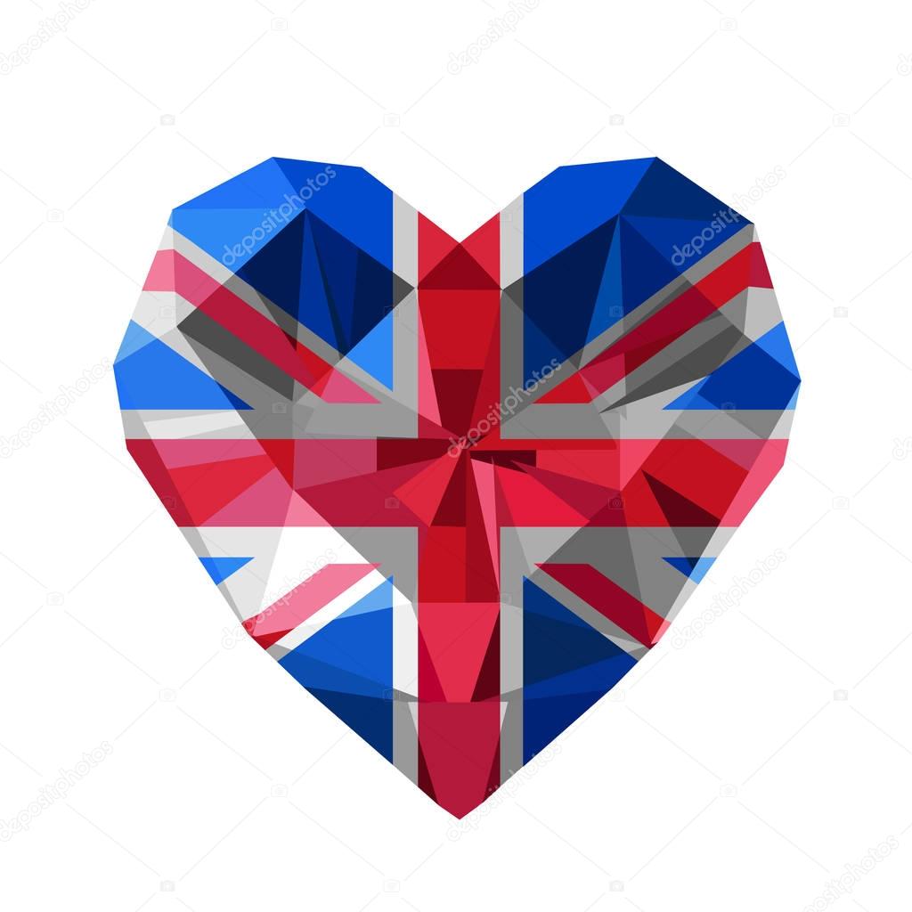 Vector crystal gem jewelry British heart with The flag of the United Kingdom of Great Britain and Northern Ireland. Flat style logo symbol of love UK. The Union Jack Flag.