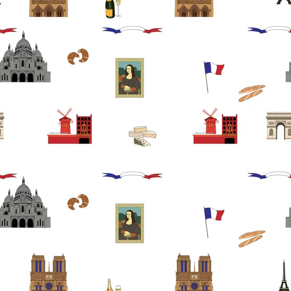 パリ ベクターのシームレスなパターン ランドマークの手描きイラスト背景 — ストックベクタ