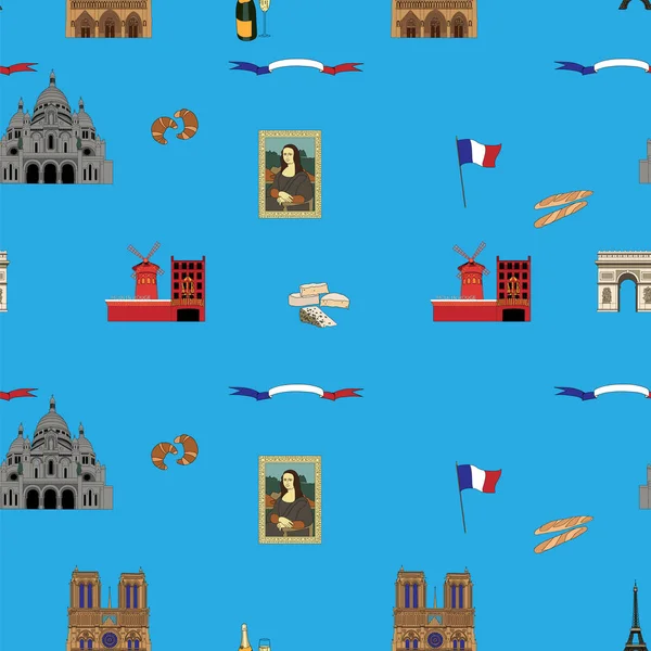 Blauer Pariser Vektor nahtlose Muster handgezeichnete Landmarken. — Stockvektor