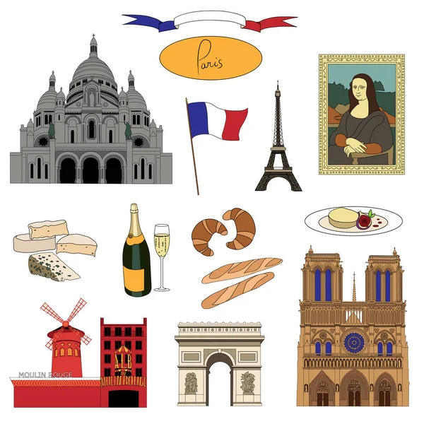 Vecteur repères de Paris dessinés à la main et illustration de la nourriture ensemble coloré — Image vectorielle