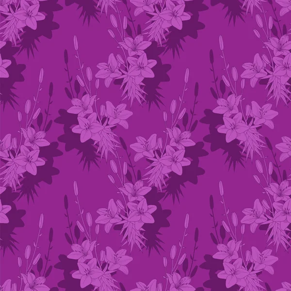 Цветочная текстура с лилиями на фиолетовом фоне — стоковый вектор