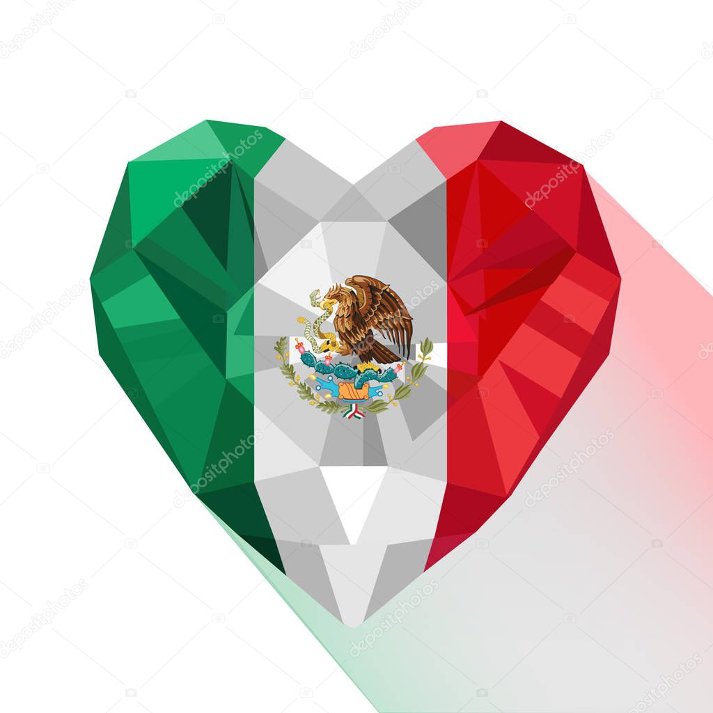 Vector crystal gem jewelry Mexican heart with the flag of the United Mexican States. Flat style logo symbol of love Mexico. Constitution Day. Flag Day
