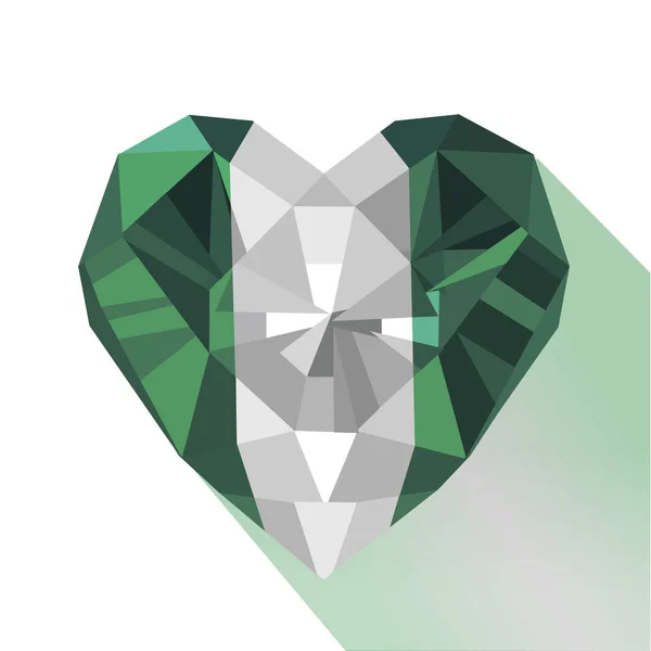 Jóia de cristal vetorial coração nigeriano com a bandeira da República Federal da Nigéria. Logotipo de estilo plano símbolo do amor Nigéria. África Ocidental . Gráficos De Vetores