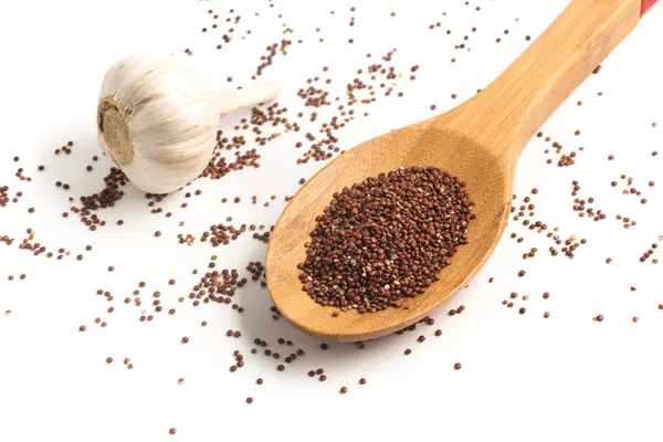 Sementes de quinoa vermelha em uma colher — Fotografia de Stock