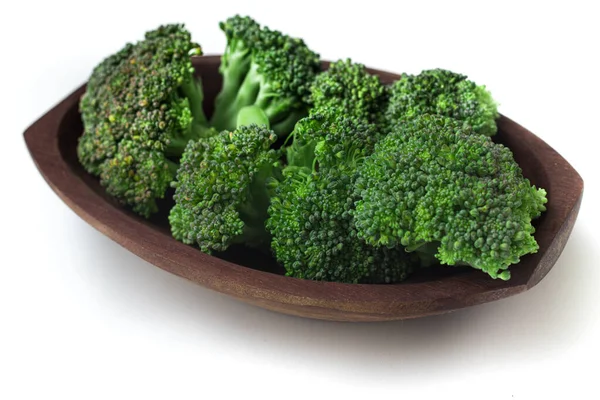 Raw Broccoli Wooden Bowl White Background — Stock Photo, Image