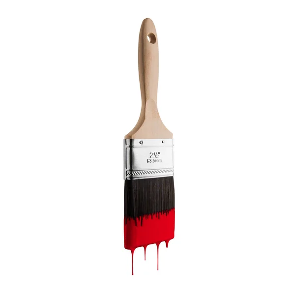Paintbrush loaded with red color dripping off the bristles. Isolated on white background. — Stock Photo, Image