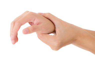 güzel sağlıklı bileğini tutarak ve ağrı alanında Masaj, beyaz arka plan üzerinde izole kadın.