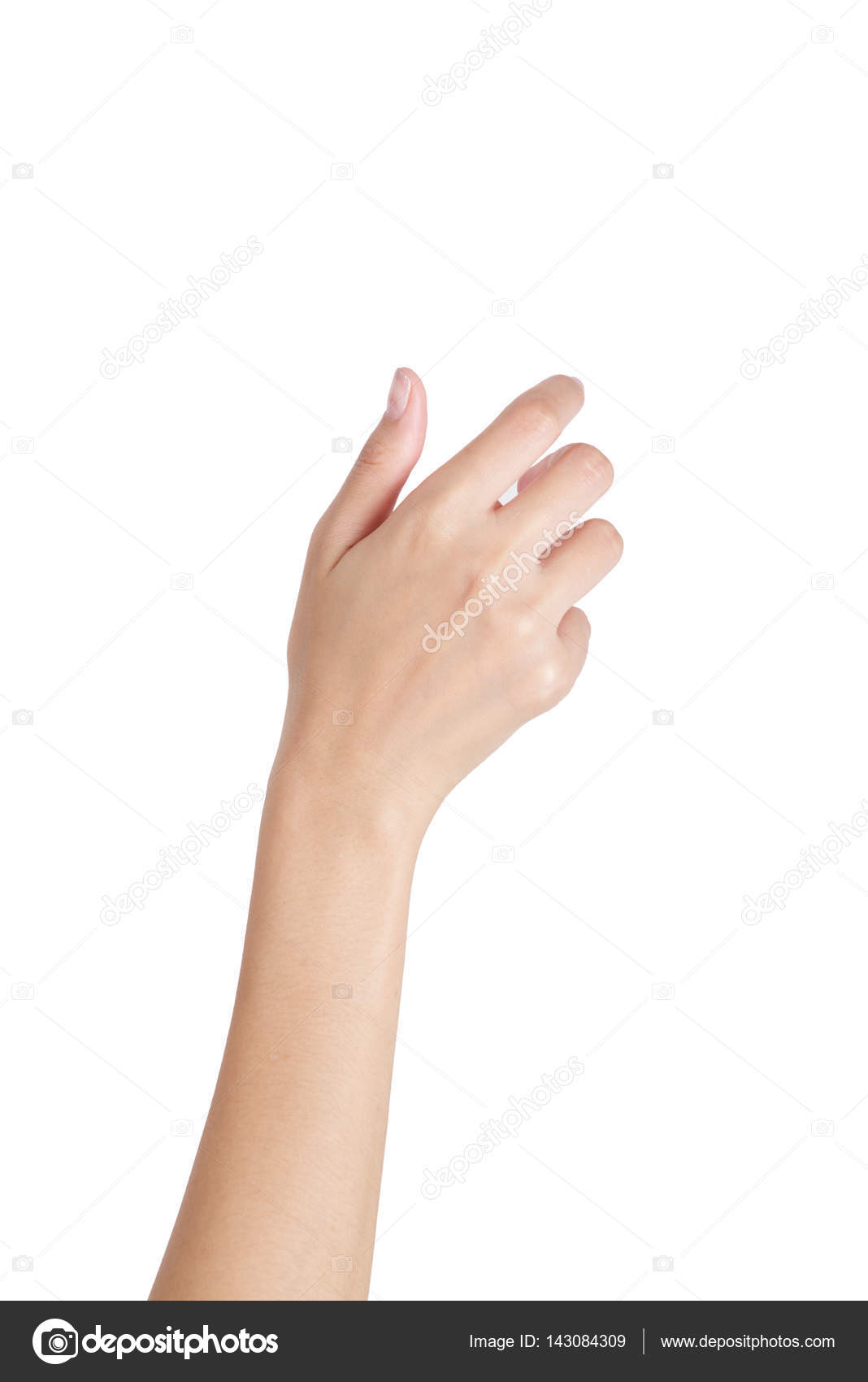 Woman's hand holding something empty back side, isolated on white background.  Stock Photo by ©.com 143084309