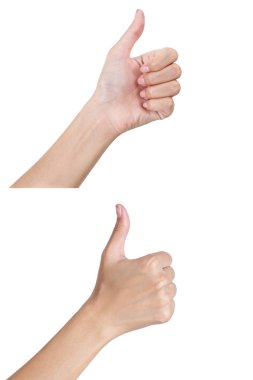 Kadının el işareti başparmak yan, ön ve arka beyaz arka plan üzerinde izole eller.