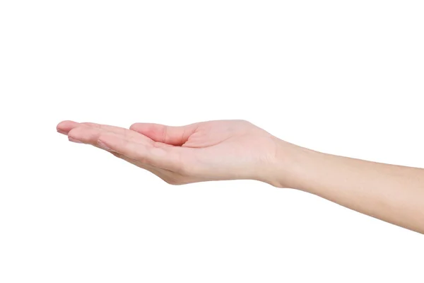 Mano de mujer sosteniendo algo vacío, aislado sobre fondo blanco . — Foto de Stock