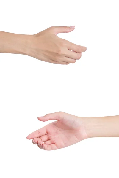 Manos de mujer que dan su mano para el apretón de manos delante y detrás, aisladas sobre fondo blanco . — Foto de Stock