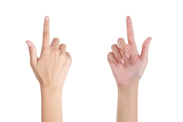 Manos de mujer tocando la pantalla, frontal y trasera, aisladas sobre fondo blanco . — Foto de Stock