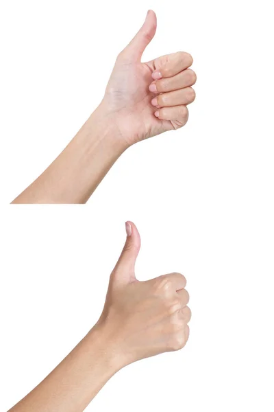 Женские руки жестом знак большие пальцы с передней и задней стороны, изолированные на белом фоне . — стоковое фото