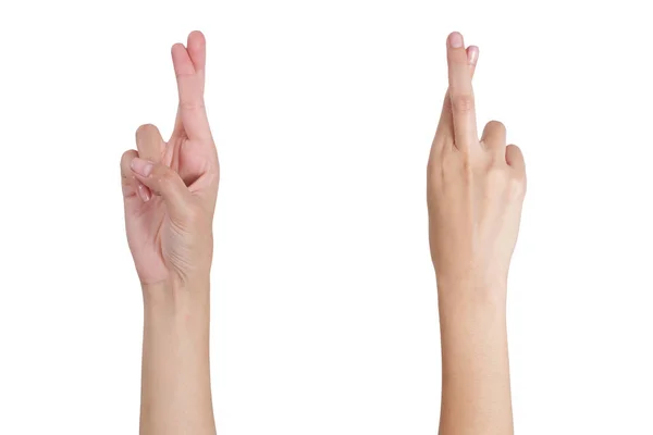 Mãos de mulher gesticulando dedos cruzados frente e verso, Isolado no fundo branco . — Fotografia de Stock