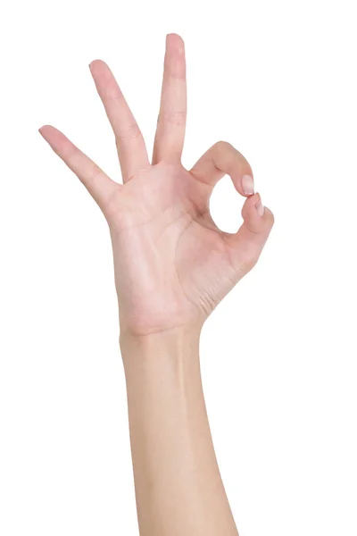Рука жінки жестикулює знак добре (гаразд) лицьова сторона, ізольовані на білому тлі . — стокове фото