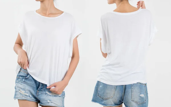 woman body in white T-shirt  with short rip jeans front and back side isolated, on white background.