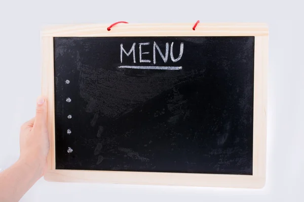 Hand holding the board  with the title of menu — Stock Photo, Image