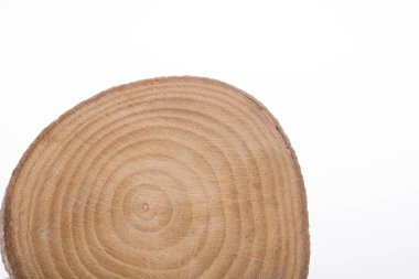 Ahşap günlük beyaz arka plan üzerinde yuvarlak ince parçalar halinde kesilmiş