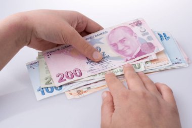 Turksh Lirası banknot elinde tutan el