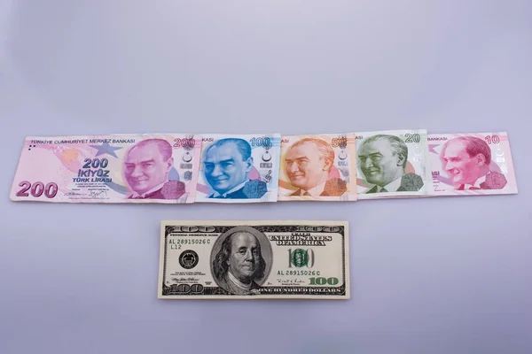 Billets en dollars américains et billets en livres turques côte à côte — Photo