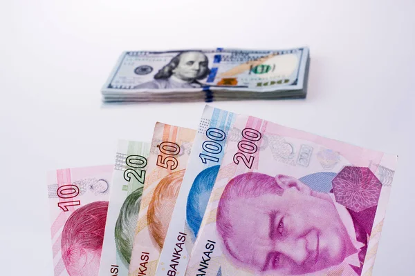 Amerikansk dollar sedlar och Turksh Lira sedlar sida vid sida — Stockfoto