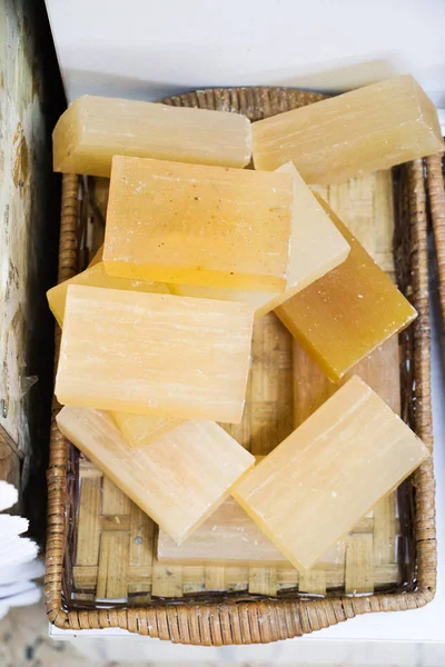 Collection of bars of hand made organic soap  in a basket — Stock Photo, Image