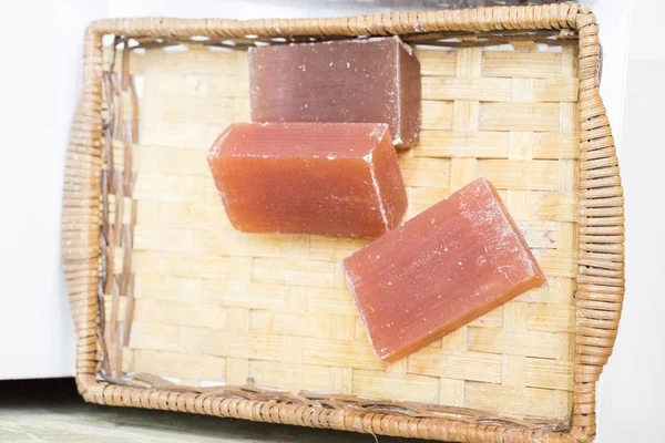 Collection of bars of hand made organic soap  in a basket — Stock Photo, Image