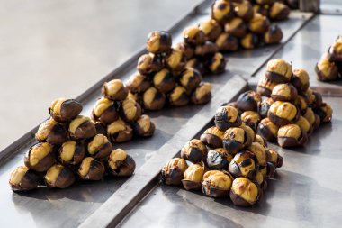 Satılık sıcak bir ateşte kavrulmuş organik kahverengi kestane