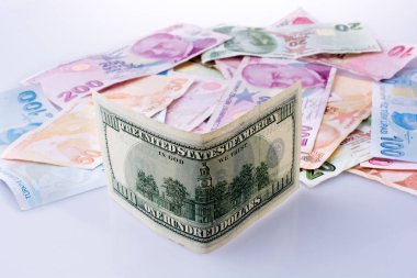 Amerikan Doları banknot ve Turksh Lirası banknot yan yana