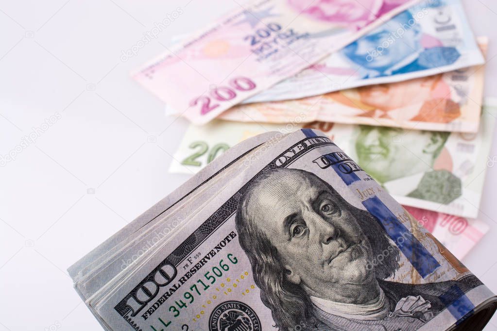 American dollar banknotes and Turksh Lira banknotes side by side