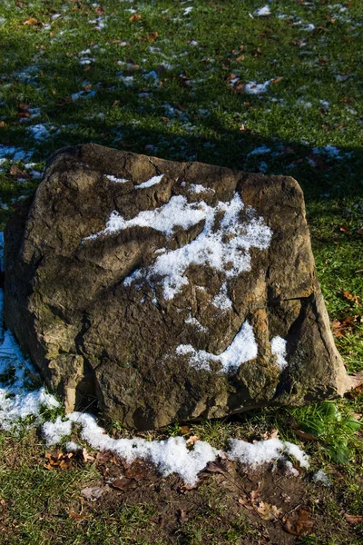 Stein auf grünem Gras Hintergrund gefunden — Stockfoto