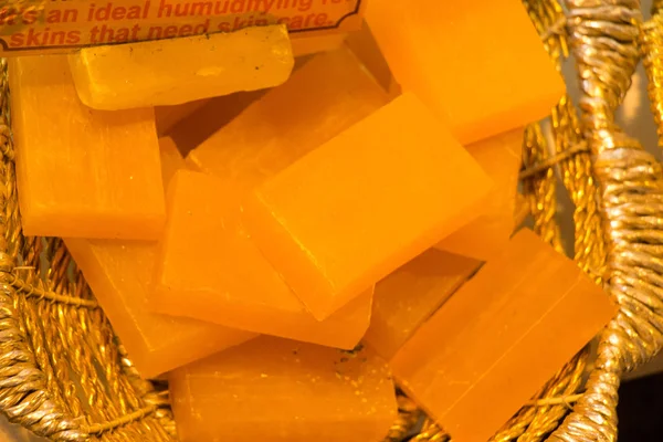 Collection of bars of hand made organic soap  in a basket — Stock Photo, Image