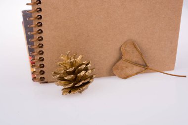 Yaprak, çam kozalağı ve bir defter üzerinde kalp şeklinde 