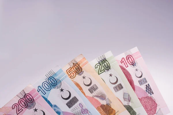 Turksh Lira bankovky různých barev, vzoru a hodnoty — Stock fotografie