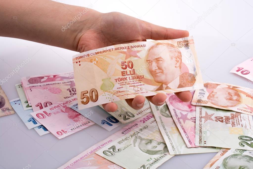 Hand holding Turksh Lira banknote  in hand