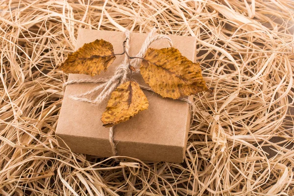 Hojas caídas de otoño en caja de regalo —  Fotos de Stock