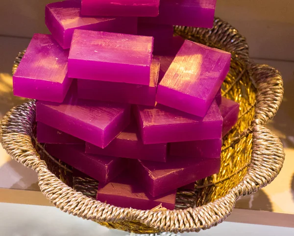 Collection of bars of hand made organic soap  in a basket — Stock Photo, Image