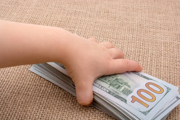 Toddler hand holding banknote bundle of US dollar in hand