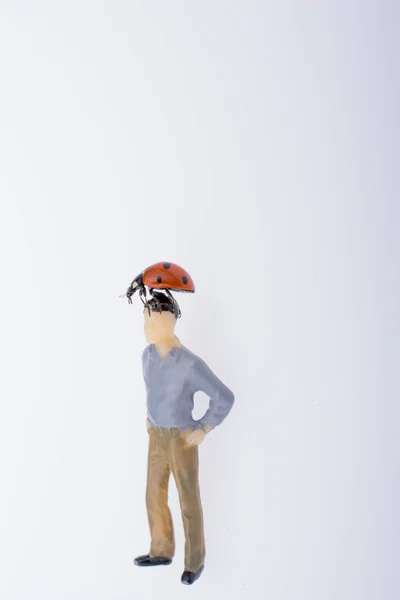 Bella coccinella rossa che cammina sul corpo dell'uomo figurina — Foto Stock
