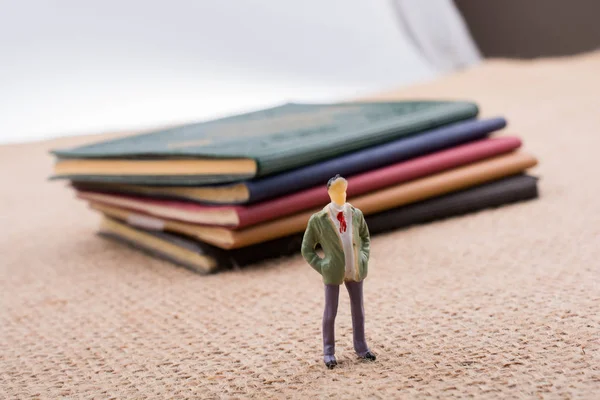 Adam heykelcik ayakta tuval üzerine küçük kitap yanında