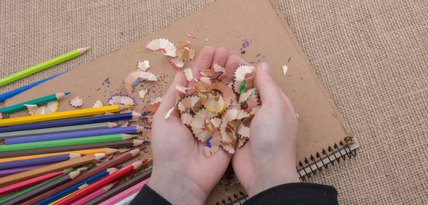 Renkli kurşun kalem talaş elinde 