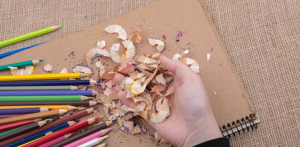 Renkli kurşun kalem talaş elinde 